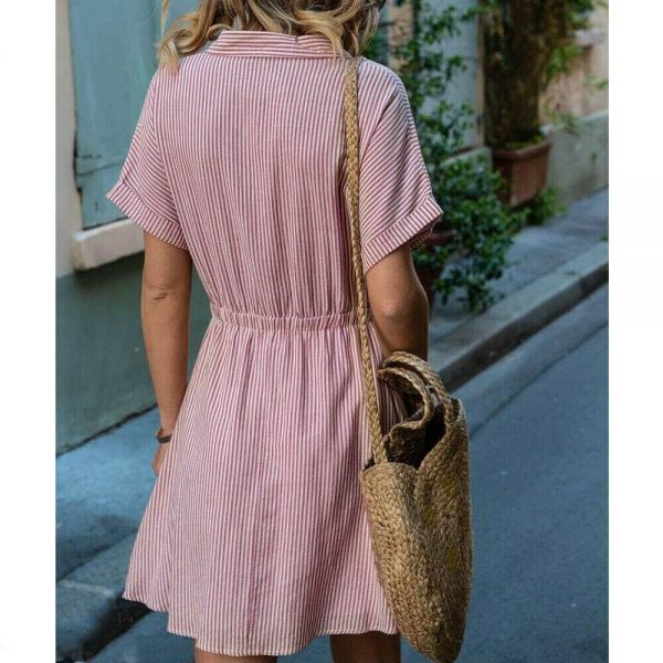 The Best New Women Short Sleeve Button Bandage Dress Summer Ladies V Neck Belted Casual Beach Party Striped Sundress Online - Takalr