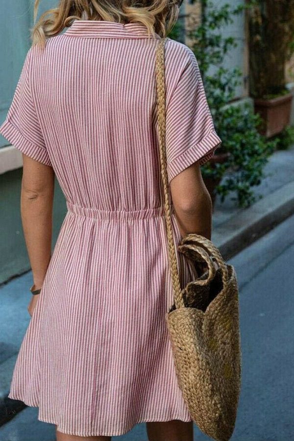 The Best New Women Short Sleeve Button Bandage Dress Summer Ladies V Neck Belted Casual Beach Party Striped Sundress Online - Takalr