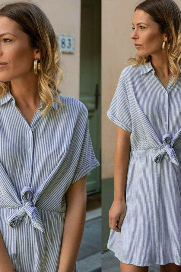 The Best New Women Short Sleeve Button Bandage Dress Summer Ladies V Neck Belted Casual Beach Party Striped Sundress Online - Takalr