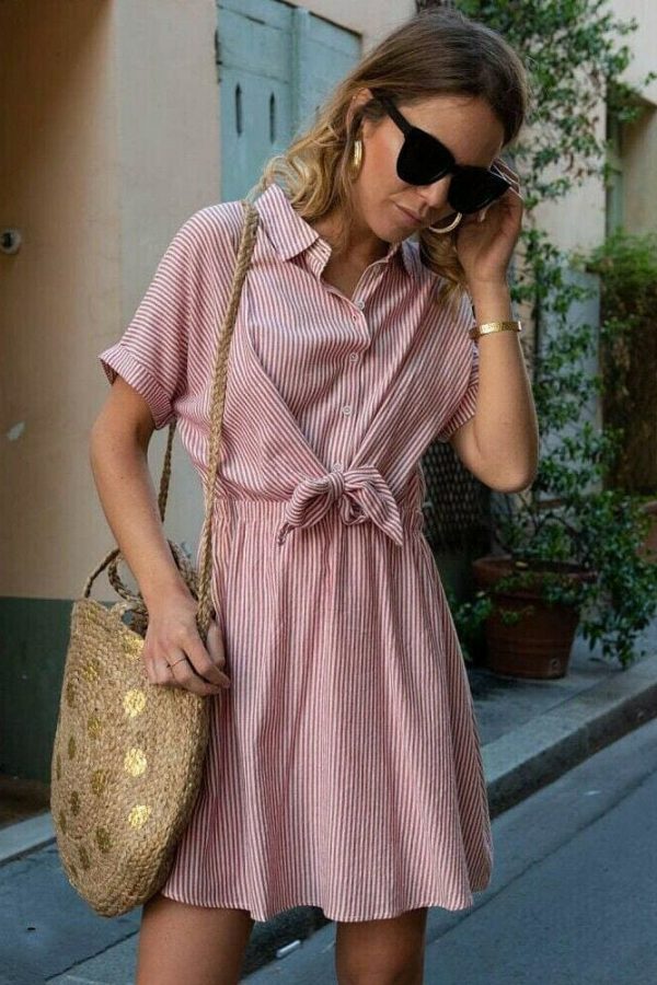 The Best New Women Short Sleeve Button Bandage Dress Summer Ladies V Neck Belted Casual Beach Party Striped Sundress Online - Takalr