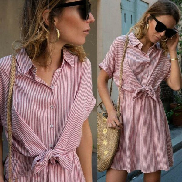 The Best New Women Short Sleeve Button Bandage Dress Summer Ladies V Neck Belted Casual Beach Party Striped Sundress Online - Takalr