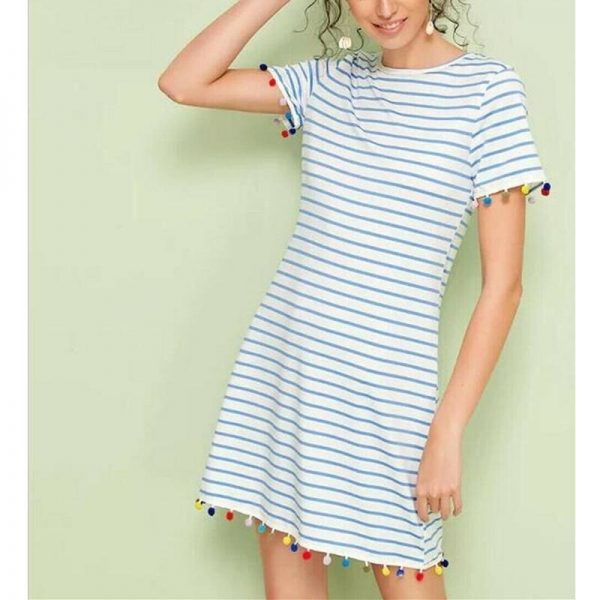 The Best New Women Short Sleeve Mini T-shirt Dress Summer Ladies Casual Round Neck Striped Tassel Loose Beach Sundress Online - Takalr