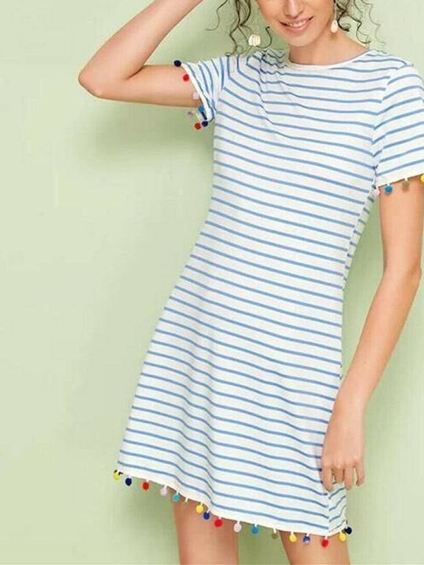 The Best New Women Short Sleeve Mini T-shirt Dress Summer Ladies Casual Round Neck Striped Tassel Loose Beach Sundress Online - Takalr