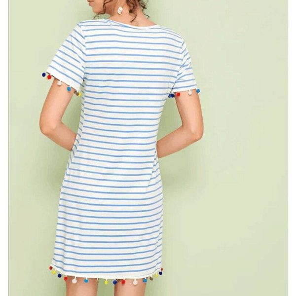 The Best New Women Short Sleeve Mini T-shirt Dress Summer Ladies Casual Round Neck Striped Tassel Loose Beach Sundress Online - Takalr