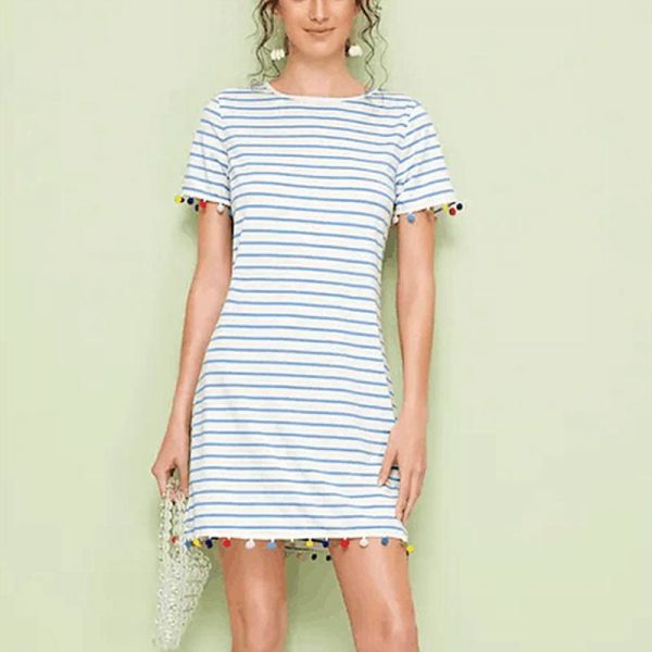 The Best New Women Short Sleeve Mini T-shirt Dress Summer Ladies Casual Round Neck Striped Tassel Loose Beach Sundress Online - Takalr