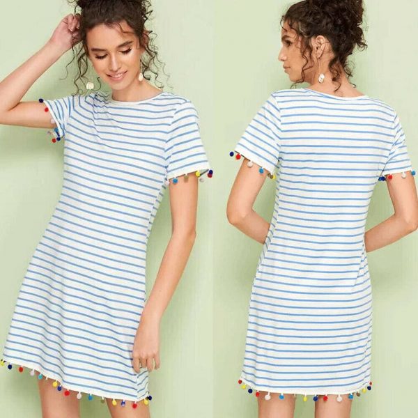 The Best New Women Short Sleeve Mini T-shirt Dress Summer Ladies Casual Round Neck Striped Tassel Loose Beach Sundress Online - Takalr