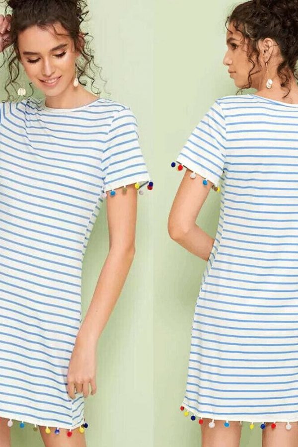 The Best New Women Short Sleeve Mini T-shirt Dress Summer Ladies Casual Round Neck Striped Tassel Loose Beach Sundress Online - Takalr