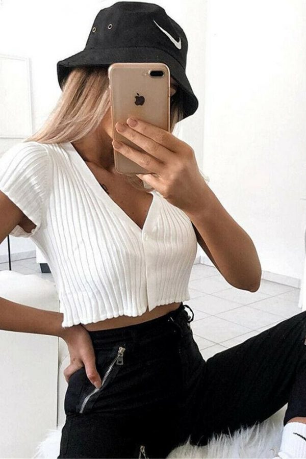 The Best New Women Short Sleeve V-neck Button Tank Tops T-Shirt Ladies Summer Casual Vest Crop Tops Holiday Clothes Online - Takalr