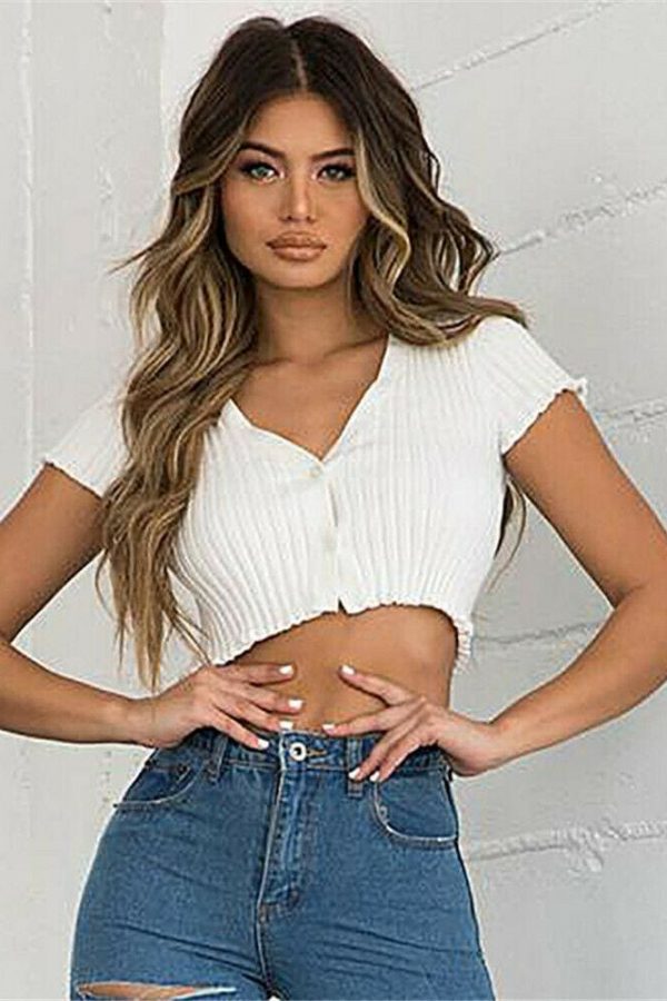 The Best New Women Short Sleeve V-neck Button Tank Tops T-Shirt Ladies Summer Casual Vest Crop Tops Holiday Clothes Online - Takalr