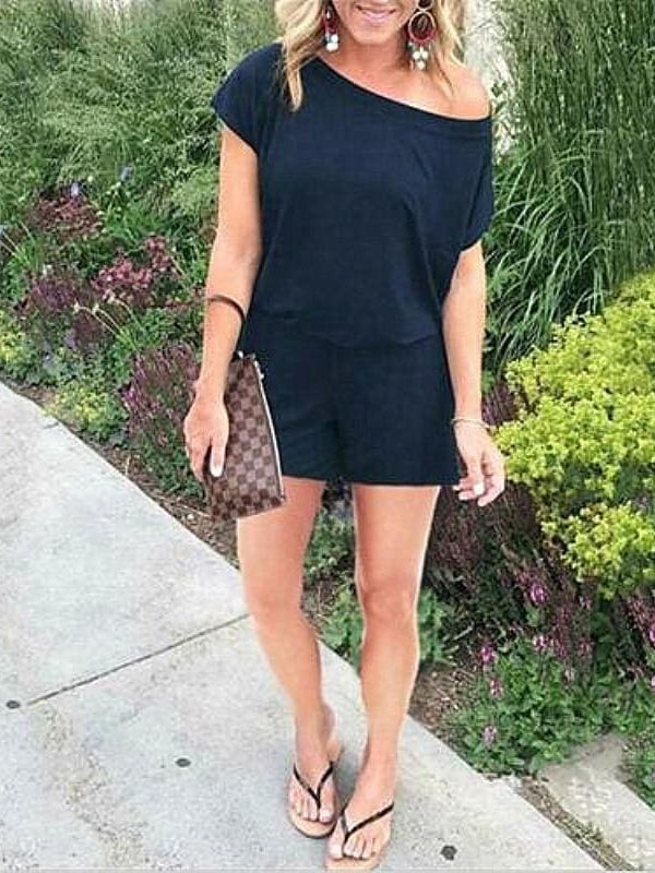 The Best New Women Single Shoulder Solid Casual Playsuit Fashion Ladies Summer Beach Plain Shorts Loose Romper Jumpsuit Online - Takalr