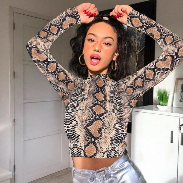 The Best New Women Slim Crop Tops Summer Casual Snake Print Sheer Crop Top Ladies Long Sleeve Crew Neck Tops Shirt Online - Takalr