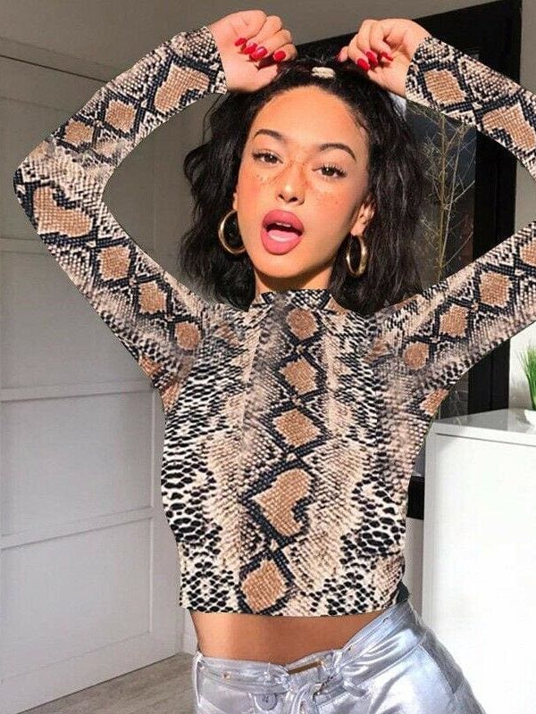 The Best New Women Slim Crop Tops Summer Casual Snake Print Sheer Crop Top Ladies Long Sleeve Crew Neck Tops Shirt Online - Takalr