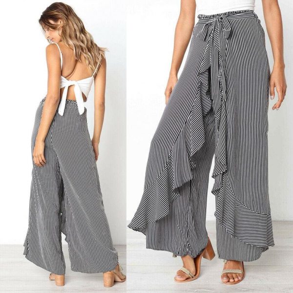 The Best New Women Striped Baggy Harem Pants Hippie Wide Leg Gypsy Boho Long Palazzo Bow Tie High Wais Ruffle Loose Trouser Online - Takalr