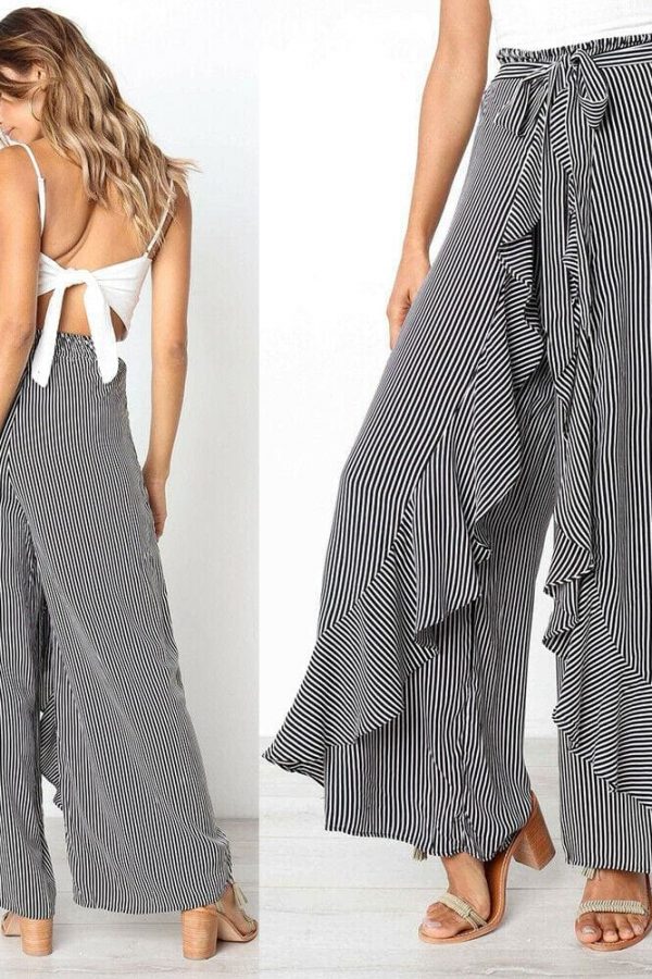 The Best New Women Striped Baggy Harem Pants Hippie Wide Leg Gypsy Boho Long Palazzo Bow Tie High Wais Ruffle Loose Trouser Online - Takalr