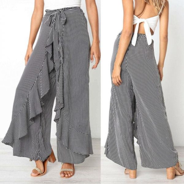 The Best New Women Striped Baggy Harem Pants Hippie Wide Leg Gypsy Boho Long Palazzo Bow Tie High Wais Ruffle Loose Trouser Online - Takalr