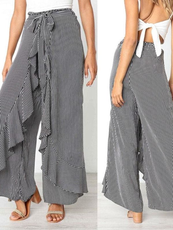 The Best New Women Striped Baggy Harem Pants Hippie Wide Leg Gypsy Boho Long Palazzo Bow Tie High Wais Ruffle Loose Trouser Online - Takalr