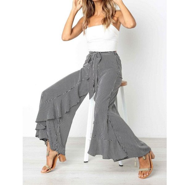 The Best New Women Striped Baggy Harem Pants Hippie Wide Leg Gypsy Boho Long Palazzo Bow Tie High Wais Ruffle Loose Trouser Online - Takalr