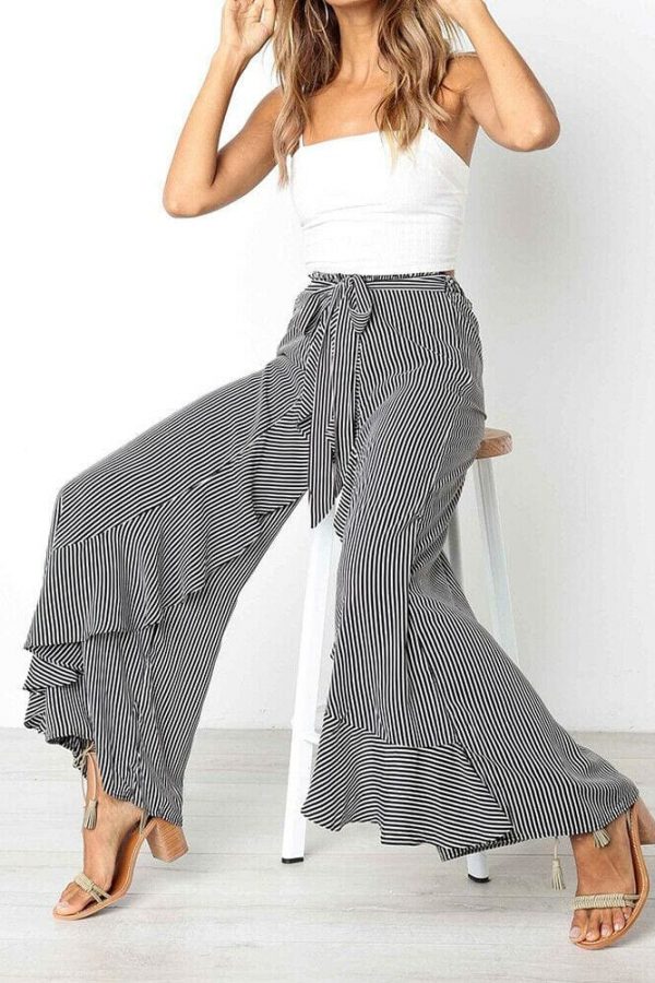 The Best New Women Striped Baggy Harem Pants Hippie Wide Leg Gypsy Boho Long Palazzo Bow Tie High Wais Ruffle Loose Trouser Online - Takalr