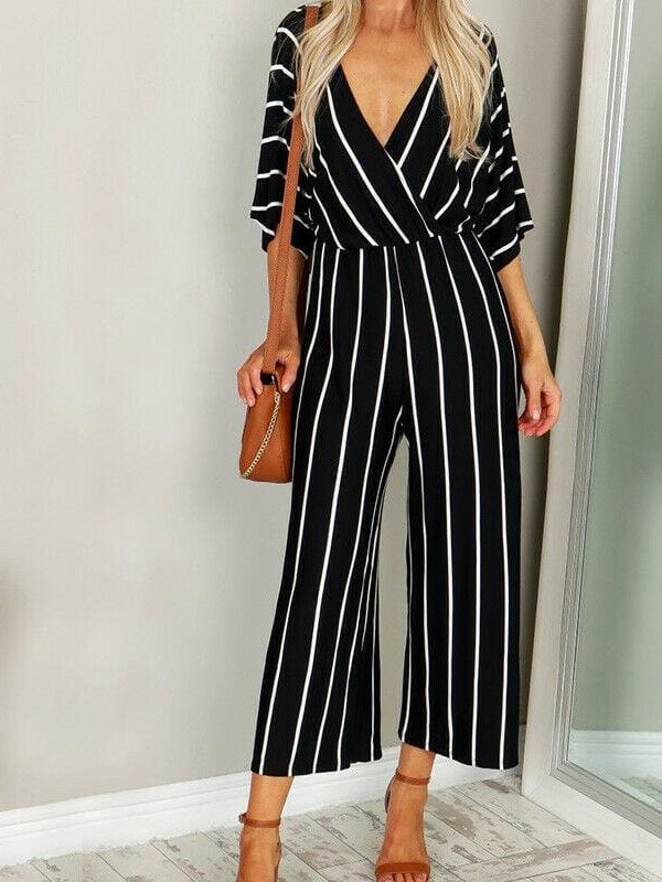 The Best New Women Striped Short Sleeve Loose Baggy Trousers Overalls Ladies Summer Casual Long Pants Romper Jumpsuit Online - Takalr