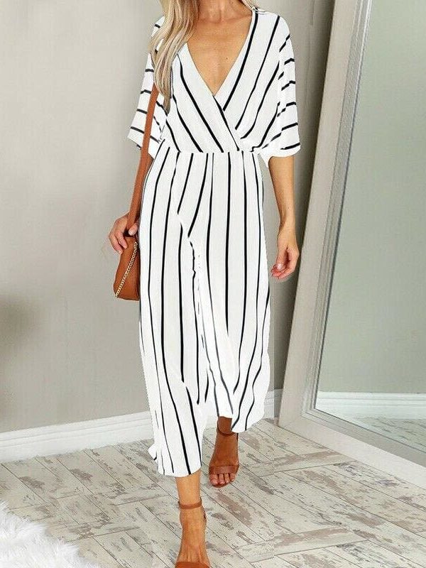 The Best New Women Striped Short Sleeve Loose Baggy Trousers Overalls Ladies Summer Casual Long Pants Romper Jumpsuit Online - Takalr