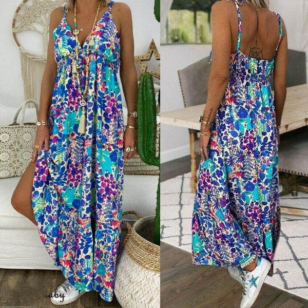 The Best New Women Summer Beach Strappy V-neck Dress Fashion Ladies Boho Floral Sundress Holiday Beach Sundress Clothes Online - Takalr