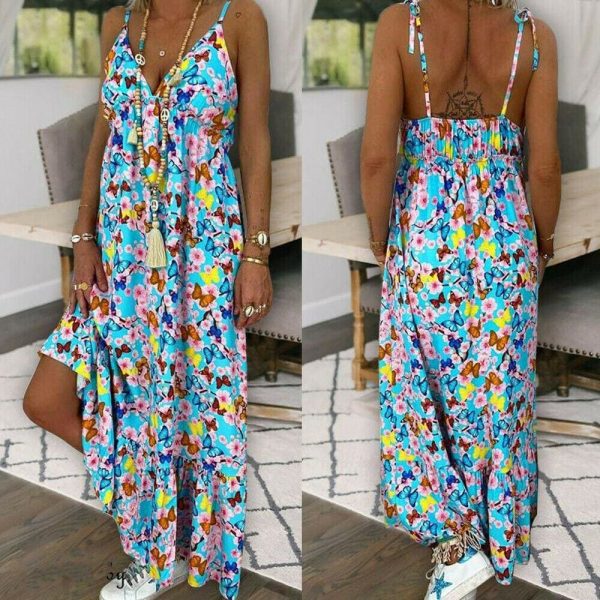 The Best New Women Summer Beach Strappy V-neck Dress Fashion Ladies Boho Floral Sundress Holiday Beach Sundress Clothes Online - Takalr