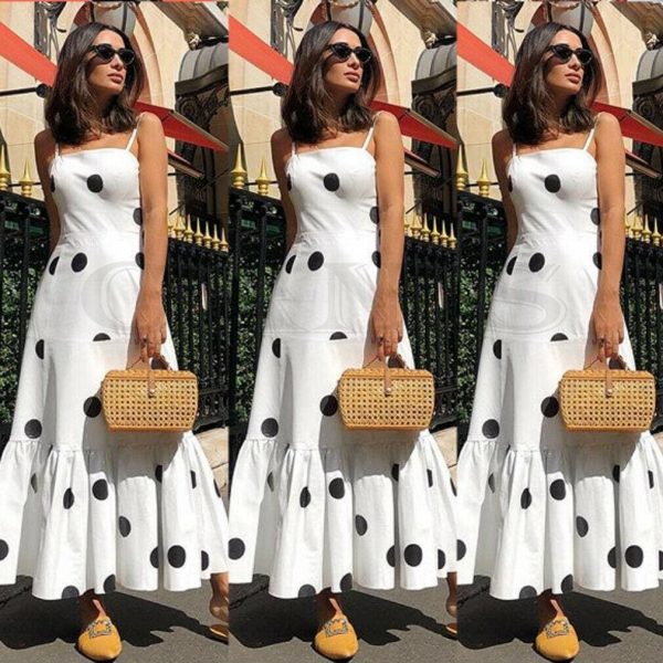 The Best New Women Summer Boho Casual Sleeveless High Waist Long Party Beach Dress Sundress Holiday Polka Dot Sundress Online - Takalr