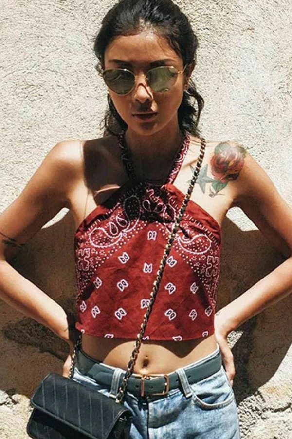 The Best New Women Summer Boho Off Shoulder Halter Floral Crop Tank Top Vest Beach Blouse Crop Casual Backless Shirt Online - Takalr