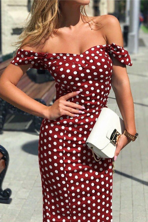 The Best New Women Summer Boho Polka Dot Dress Ladies Casual Bodycon Off Shoulder Party Evening Beach Pencil Sundress Online - Takalr