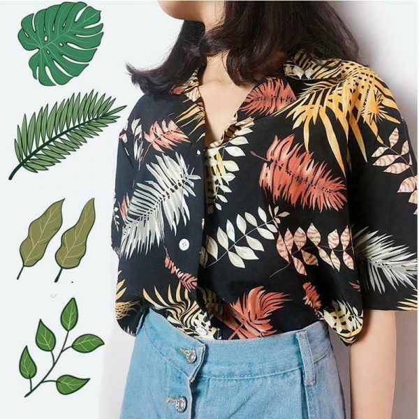 The Best New Women Summer Casual Loose Half Sleeve Blouse Fashion Ladies Leaf Printed Tops Lapel Shirts Beach Holiday Tops Online - Takalr