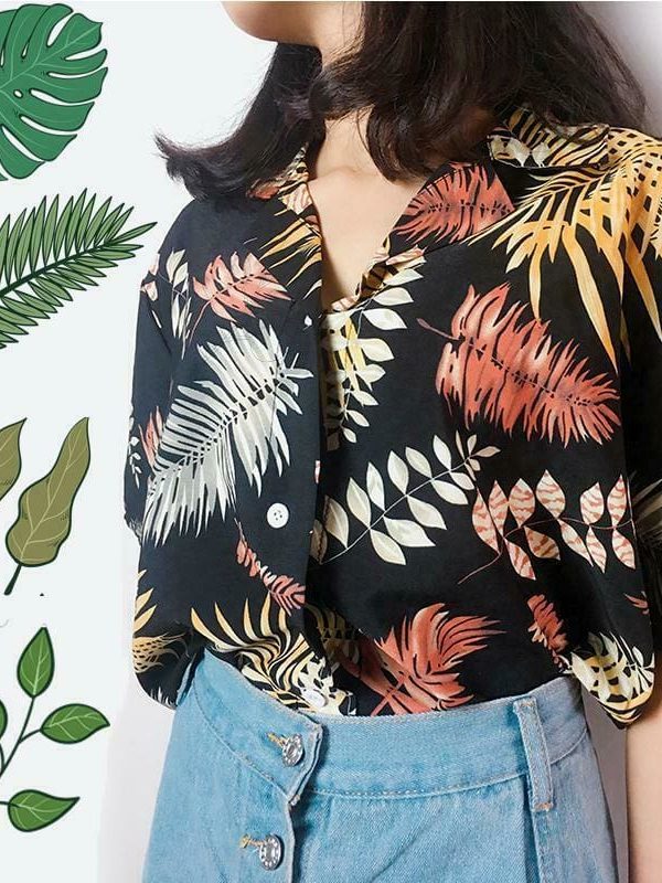 The Best New Women Summer Casual Loose Half Sleeve Blouse Fashion Ladies Leaf Printed Tops Lapel Shirts Beach Holiday Tops Online - Takalr