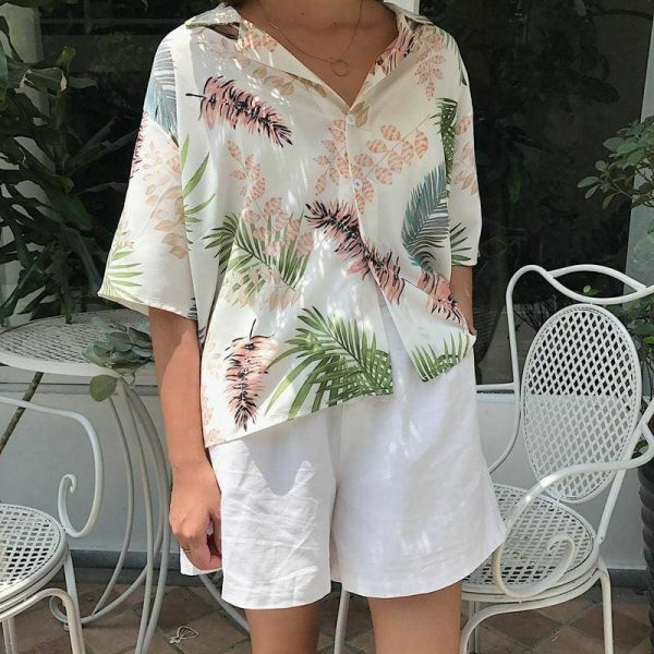 The Best New Women Summer Casual Loose Half Sleeve Blouse Fashion Ladies Leaf Printed Tops Lapel Shirts Beach Holiday Tops Online - Takalr