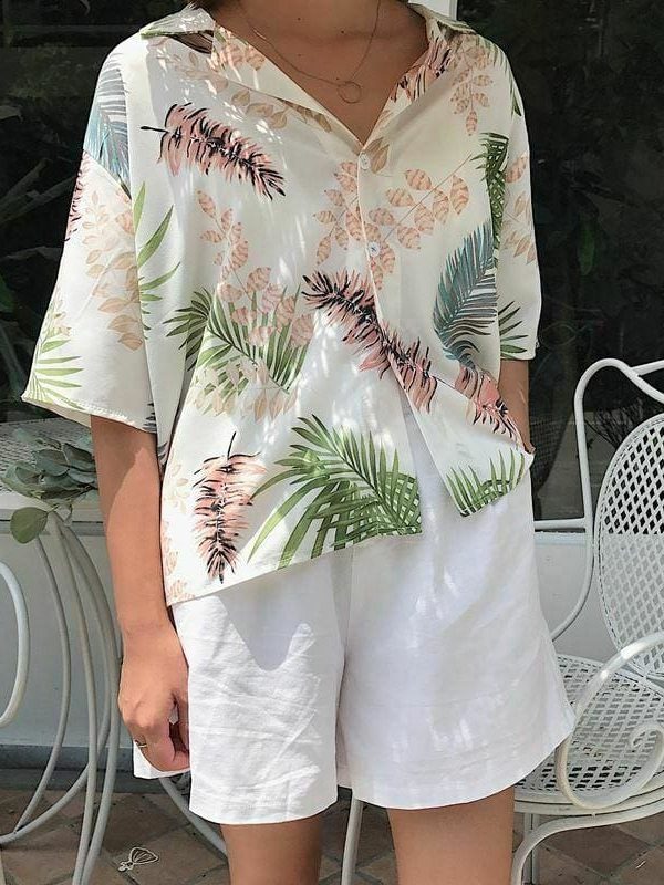 The Best New Women Summer Casual Loose Half Sleeve Blouse Fashion Ladies Leaf Printed Tops Lapel Shirts Beach Holiday Tops Online - Takalr