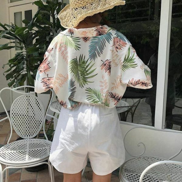 The Best New Women Summer Casual Loose Half Sleeve Blouse Fashion Ladies Leaf Printed Tops Lapel Shirts Beach Holiday Tops Online - Takalr