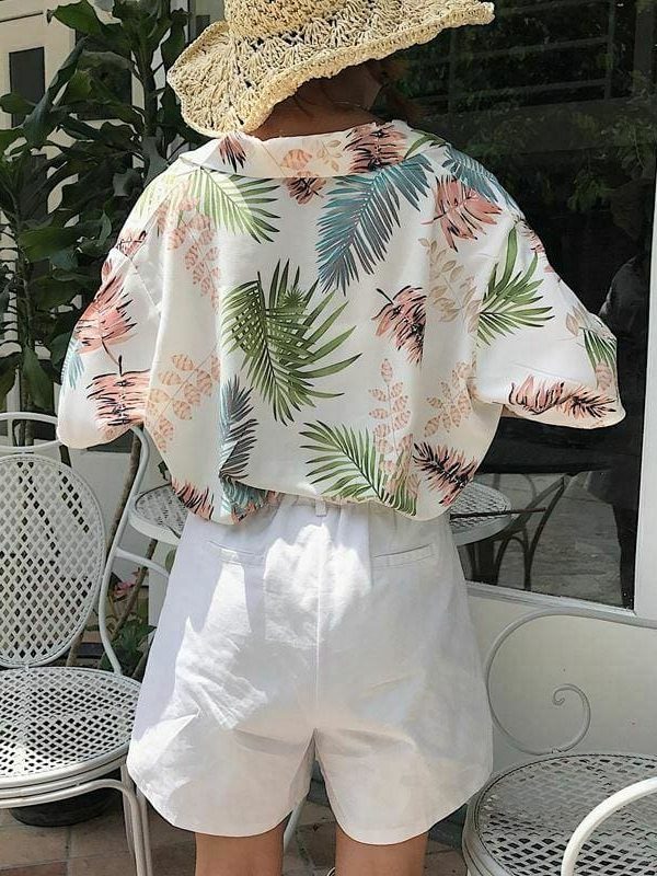 The Best New Women Summer Casual Loose Half Sleeve Blouse Fashion Ladies Leaf Printed Tops Lapel Shirts Beach Holiday Tops Online - Takalr