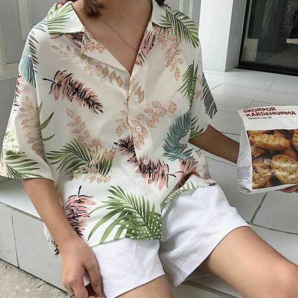 The Best New Women Summer Casual Loose Half Sleeve Blouse Fashion Ladies Leaf Printed Tops Lapel Shirts Beach Holiday Tops Online - Takalr