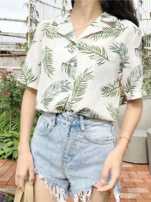 The Best New Women Summer Casual Loose Half Sleeve Blouse Fashion Ladies Leaf Printed Tops Lapel Shirts Beach Holiday Tops Online - Takalr