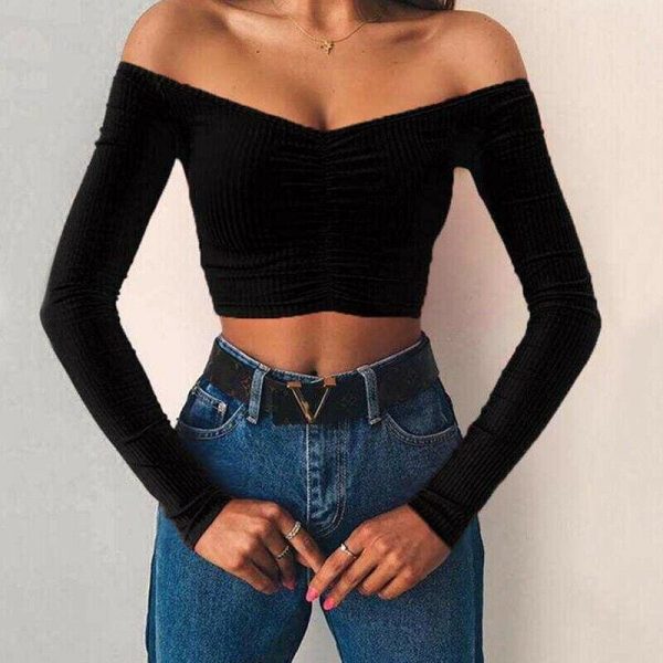 The Best New Women Summer Casual Off Shoulder Tops Vest Shirt Long Sleeve Solid Crop Top Shirt Pullover Slim Tee Streetwear Online - Takalr