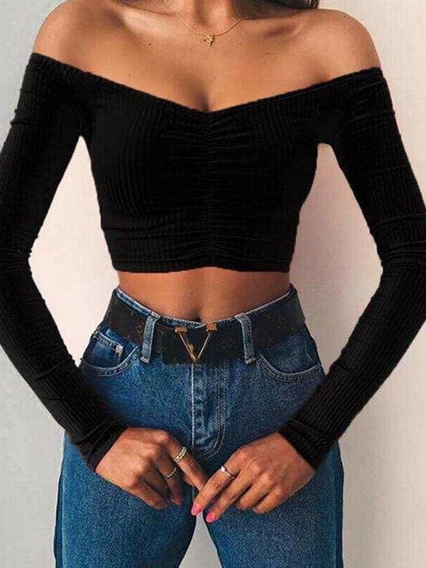 The Best New Women Summer Casual Off Shoulder Tops Vest Shirt Long Sleeve Solid Crop Top Shirt Pullover Slim Tee Streetwear Online - Takalr