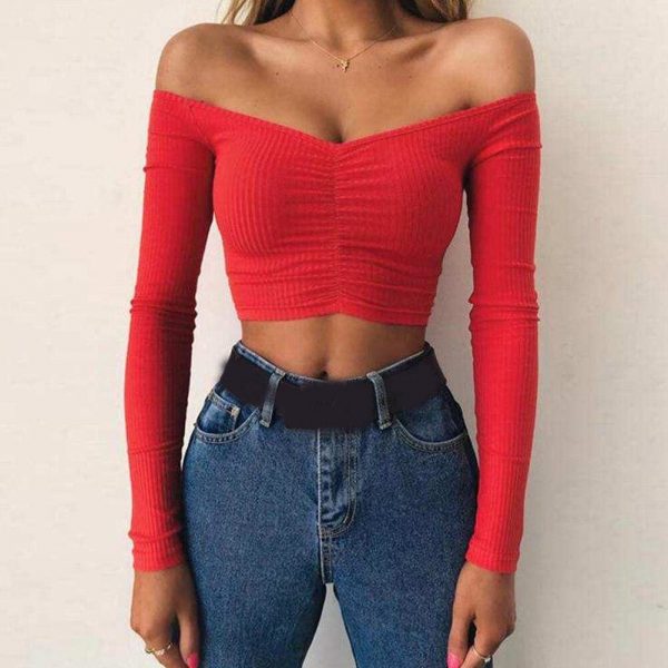 The Best New Women Summer Casual Off Shoulder Tops Vest Shirt Long Sleeve Solid Crop Top Shirt Pullover Slim Tee Streetwear Online - Takalr