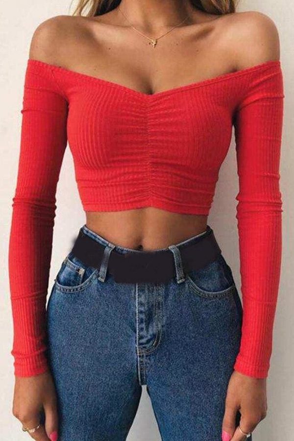 The Best New Women Summer Casual Off Shoulder Tops Vest Shirt Long Sleeve Solid Crop Top Shirt Pullover Slim Tee Streetwear Online - Takalr