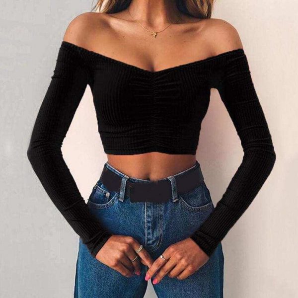 The Best New Women Summer Casual Off Shoulder Tops Vest Shirt Long Sleeve Solid Crop Top Shirt Pullover Slim Tee Streetwear Online - Takalr