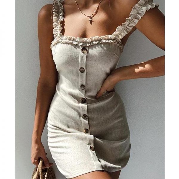 The Best New Women Summer Dress arrival Solid Ruffle Backless Slim Casual Sleeveless Midi Bodycon Holiday Mini Sundress Online - Takalr