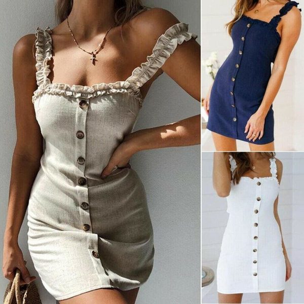 The Best New Women Summer Dress arrival Solid Ruffle Backless Slim Casual Sleeveless Midi Bodycon Holiday Mini Sundress Online - Takalr