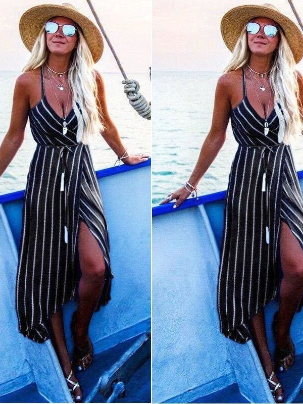 The Best New Women Summer Dress Boho Maxi Long Striped Halter Party Beach Dresses Sundress Irregular Bohemian Holiday Dress Online - Takalr