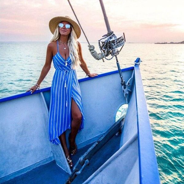 The Best New Women Summer Dress Boho Maxi Long Striped Halter Party Beach Dresses Sundress Irregular Bohemian Holiday Dress Online - Takalr