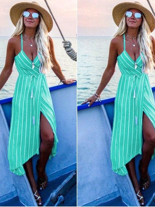 The Best New Women Summer Dress Boho Maxi Long Striped Halter Party Beach Dresses Sundress Irregular Bohemian Holiday Dress Online - Takalr