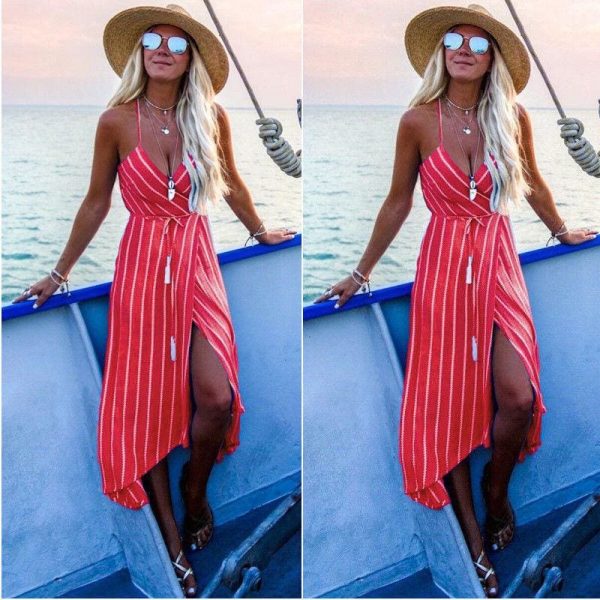 The Best New Women Summer Dress Boho Maxi Long Striped Halter Party Beach Dresses Sundress Irregular Bohemian Holiday Dress Online - Takalr