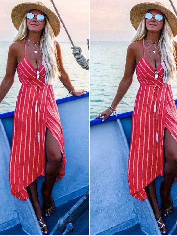 The Best New Women Summer Dress Boho Maxi Long Striped Halter Party Beach Dresses Sundress Irregular Bohemian Holiday Dress Online - Takalr