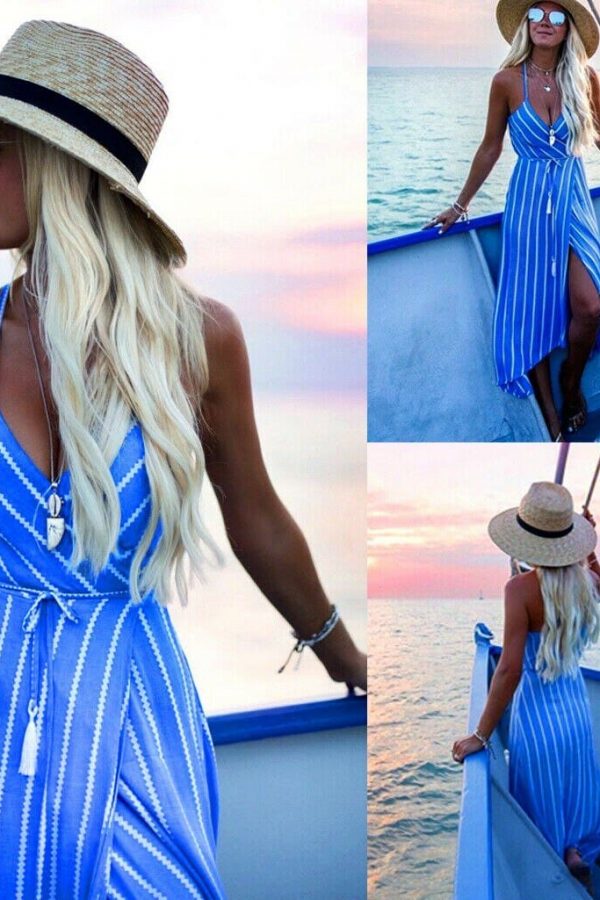 The Best New Women Summer Dress Boho Maxi Long Striped Halter Party Beach Dresses Sundress Irregular Bohemian Holiday Dress Online - Takalr